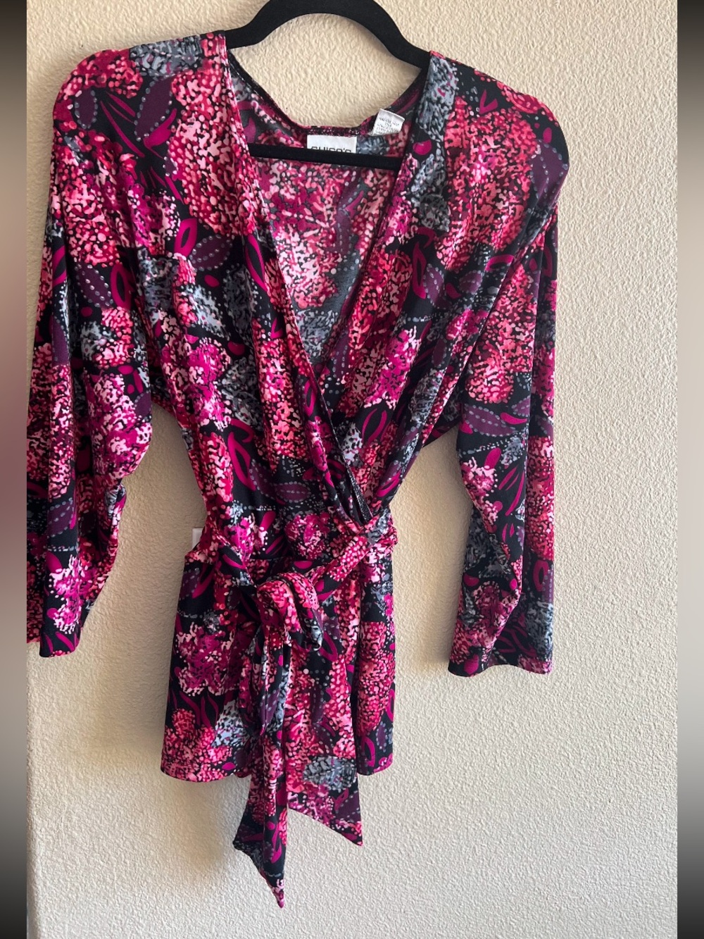 Chicos size 3 Wrap Robe Top Pink Floral Print XL modest